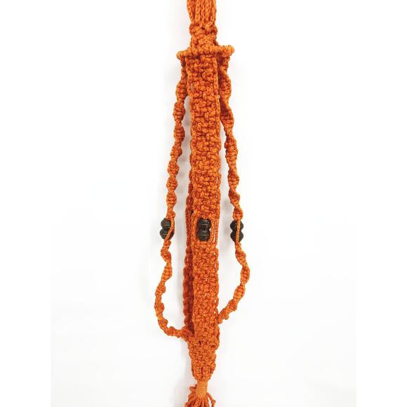 Vintage 70s Large Orange Macramé Brown Wood Beads Plant Hanger 64" - Picture 1 of 4